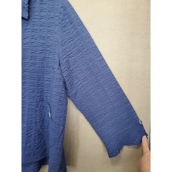 Habitat Retro Twilight Blue Pucker Wire Collar Button-Up Top Size XL Lagenlook - Picture 2 of 7